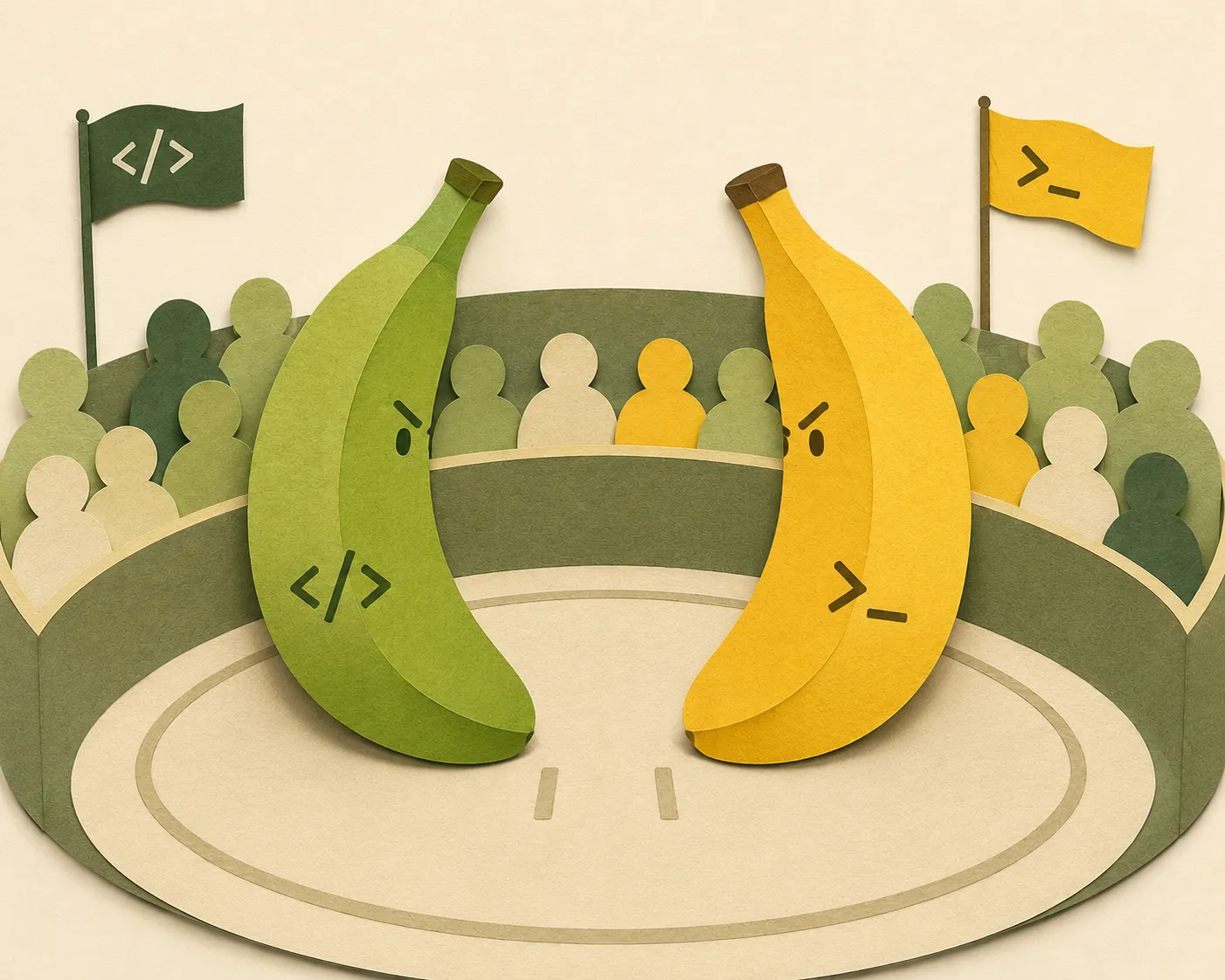 A warm paper-cut illustration of two opposing bananas—one green and one yellow—facing each other in a circular arena, surrounded by simple abstract spectators and small software-themed flags.