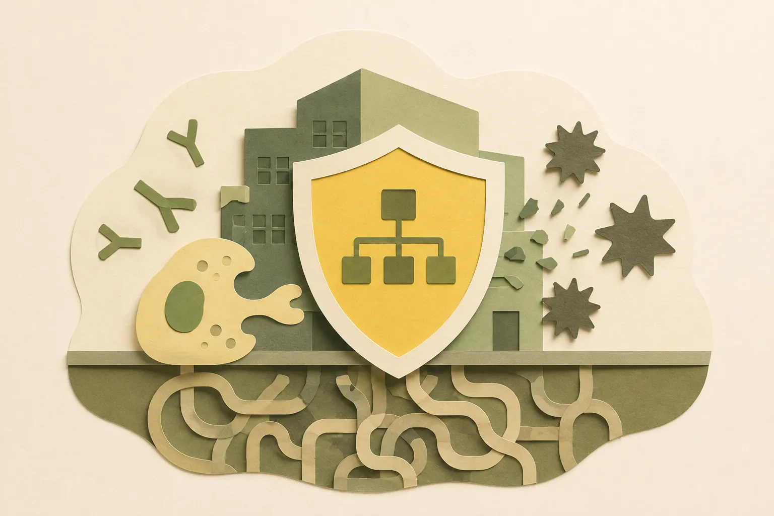 Papierkunst-Illustration eines Schutzschilds mit einem Organigramm-Symbol vor einer Bürogebäude-Silhouette; links Antikörper-ähnliche Formen und eine Zelle, rechts zersplitternde Sternformen, darunter ein verzweigtes, wurzelartiges Liniennetz.