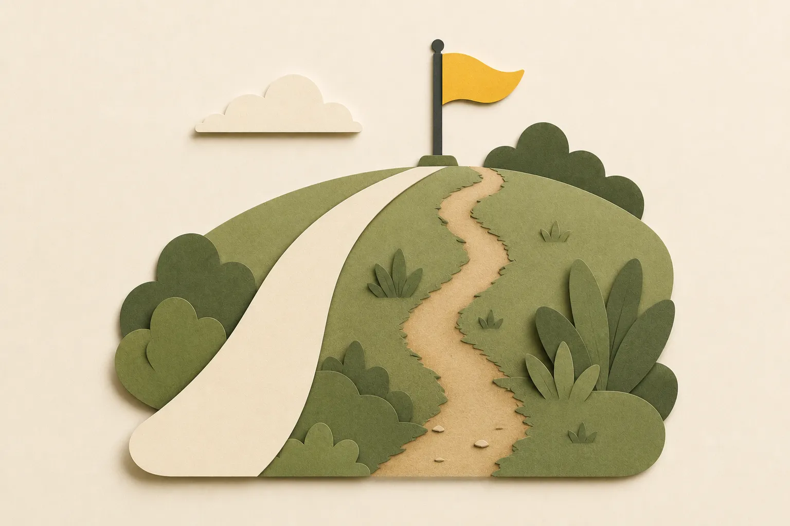 Papierkunst-Illustration eines grünen Hügels mit einem geschwungenen, hellen Weg und einem schmaleren Trampelpfad, die beide zu einer Flagge auf der Kuppe führen; im Hintergrund eine Wolke am Himmel.